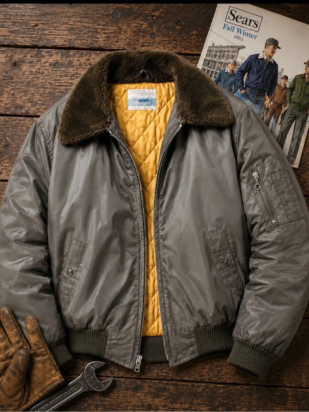 VINTAGE Sears Work Leisure nylon bomber jacket coat quilted lining fur collar